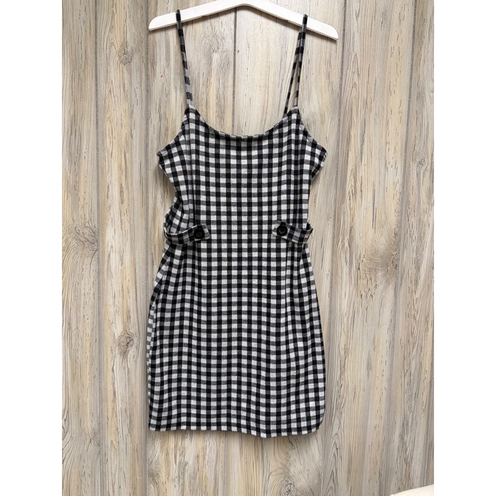 Polly & Esther Black White Gingham Spaghetti Strap Mini Dress Button Detail S